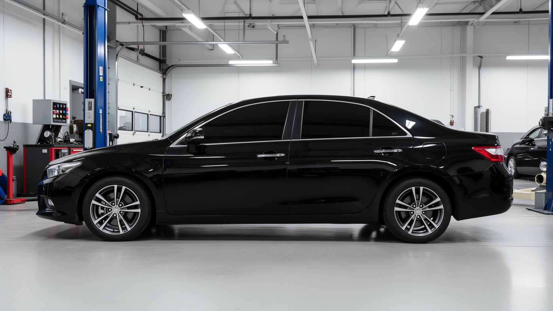 Professional window tint installation on vehicle