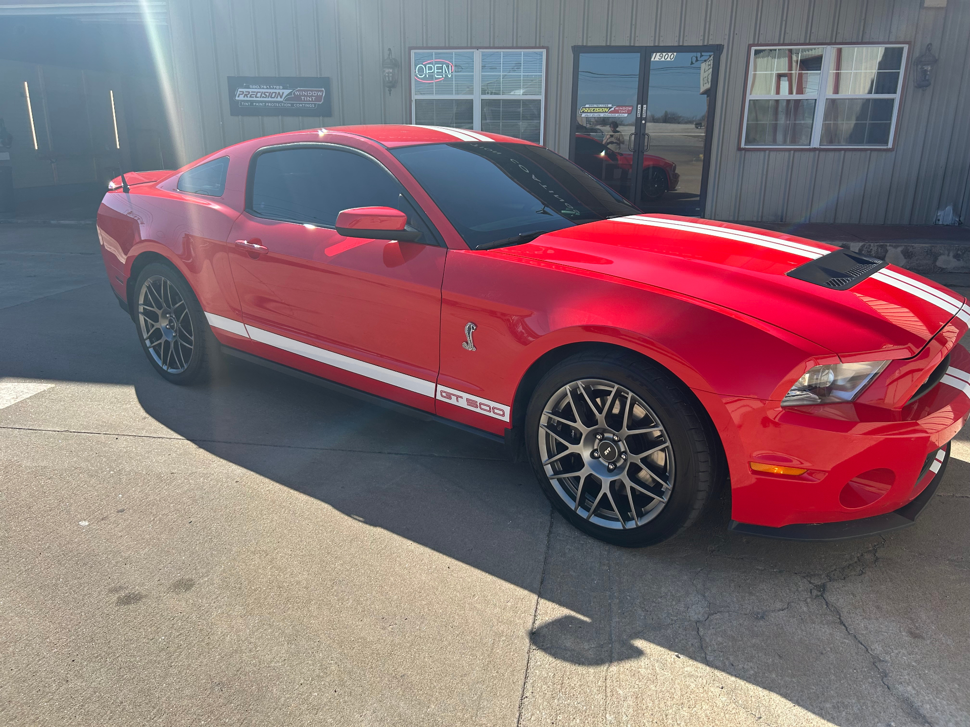 Red Mustang GT500 with front-end paint protection film in Ponca City OK